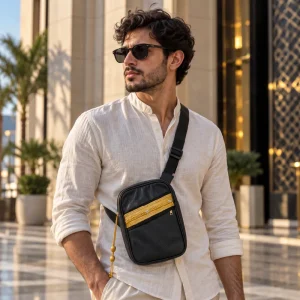 Crossbody Bag in PU Leather with Arabic Traditional Gold Bisht Design - Image 3